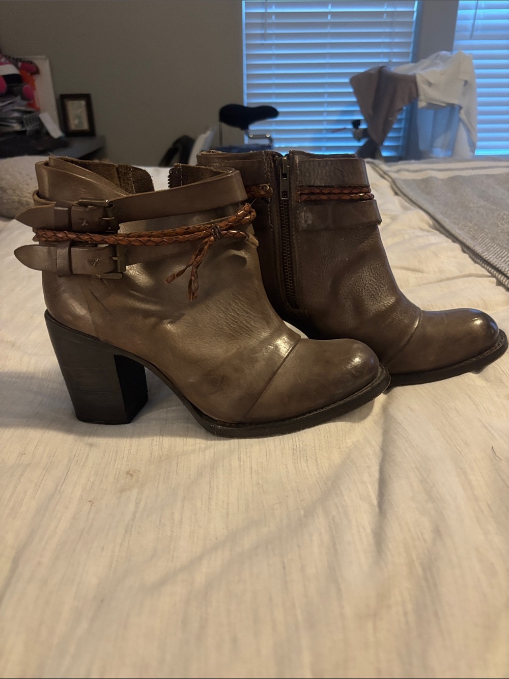 Freebird by Steven Taupe Brown Leather Ankle Booties with Braided Strap